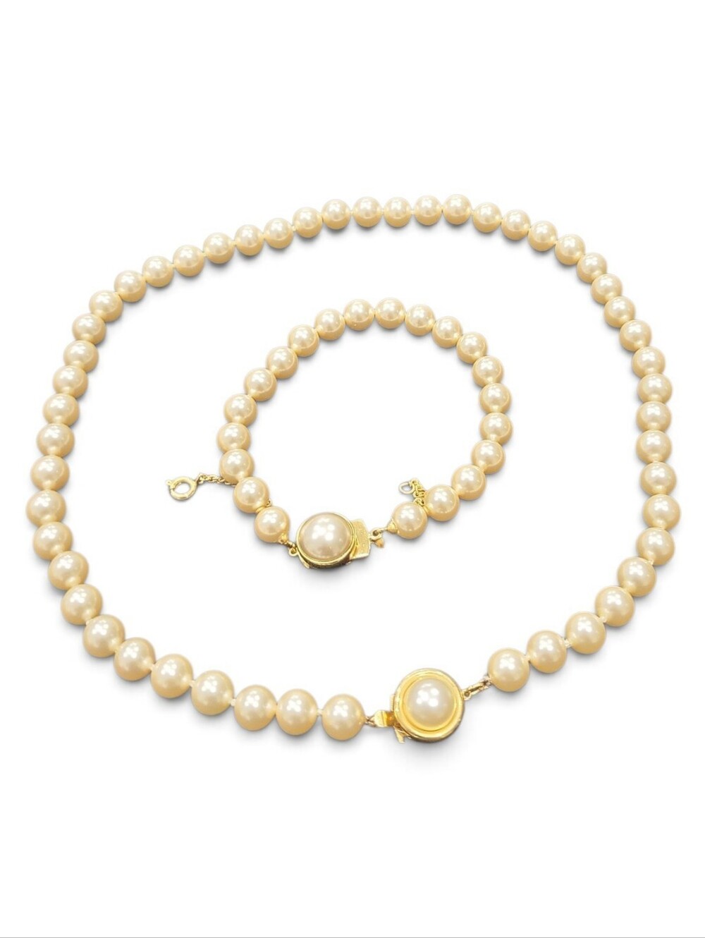 Vintage Classic Warm Ivory Cream Pearl Strand Necklace And Bracelet Set